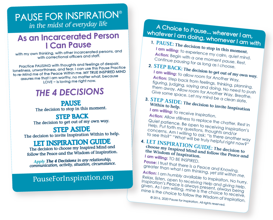 Incarcerated Person’s Card – 25 pocket-sized Pause cards FREE! $5.00 charge for packaging and postage.