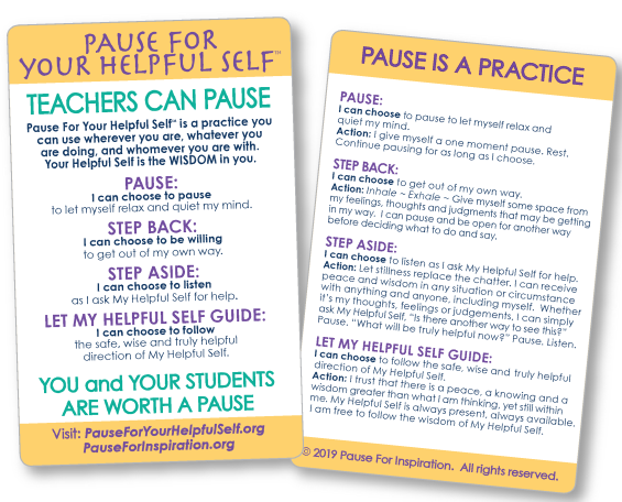 “Teachers Can Pause” Card – WISDOM – 25 pocket-sized Pause cards FREE! $5.00 charge for packaging and postage.