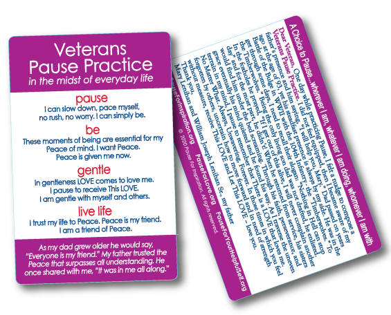 Veterans Pause Practice Card – 25 pocket-sized Pause cards FREE! $5.00 charge for packaging and postage.
