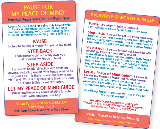 “Pause For My Peace Of Mind” Card – 25 pocket-sized Pause cards FREE! $5.00 charge for packaging and postage.
